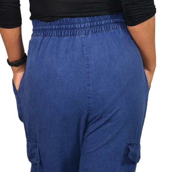 Zara Cargo Pants Blue High Waisted Ruched Crop Jogger Elastic Linen Size Small - Picture 5 of 14
